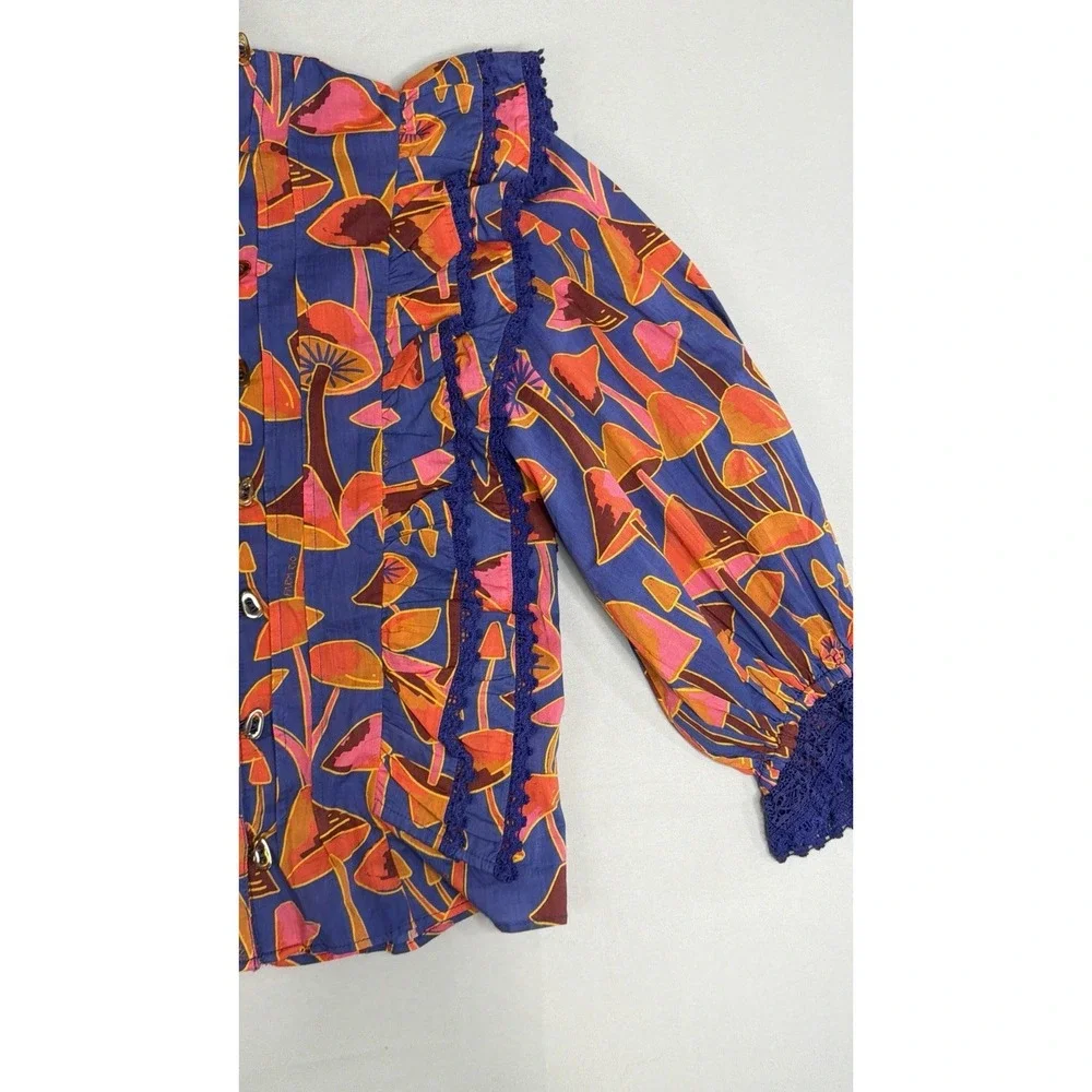 Farm Rio Bright Blue Mushroom Sketch Blouse Buttons M NEW Statement